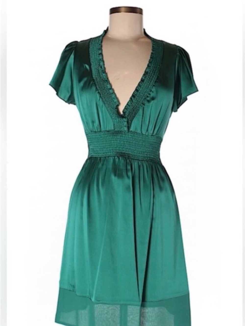 BCBG Max Azria Vintage 92% Silk Flutter Sleeve Smocked Dress Empire Waist